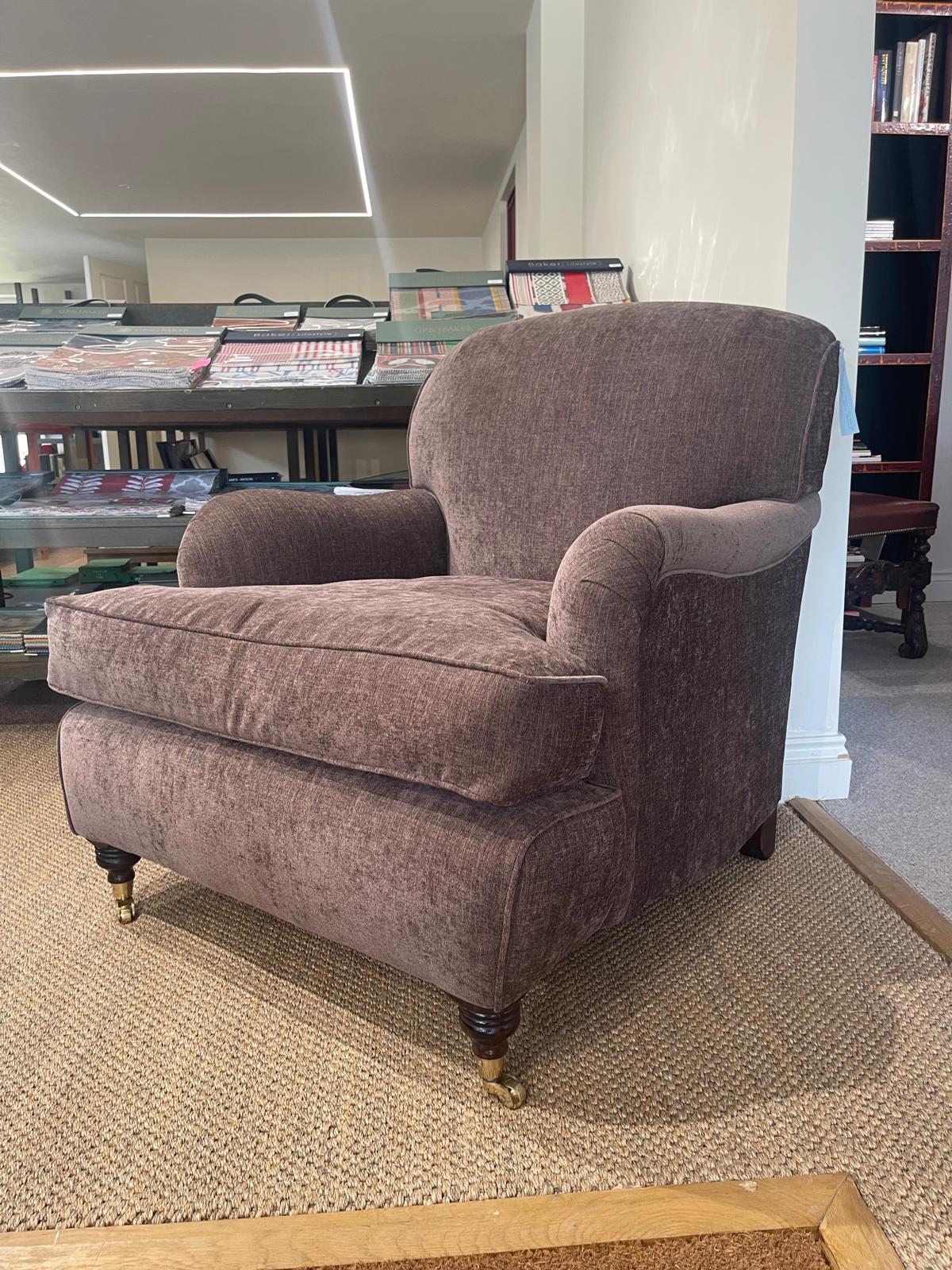 David Seyfried Oakley armchair in mocha chenille, ex-display