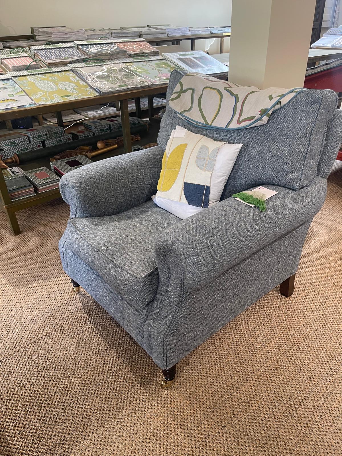 David Seyfried William IV armchair in grey herringbone weave, ex-display