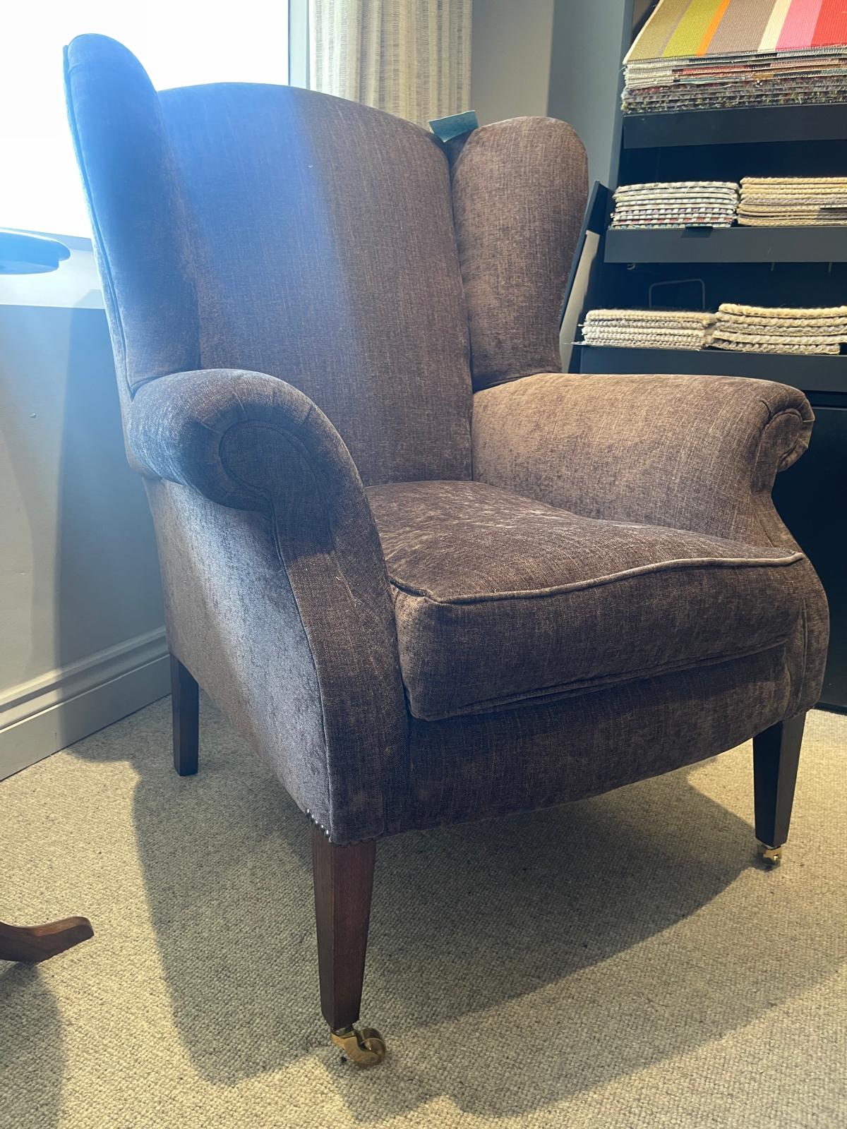 David Seyfried Georgian-leg wing chair in blue-grey chenille, ex-display