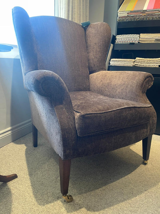 David Seyfried Georgian-leg wing chair in blue-grey chenille, ex-display