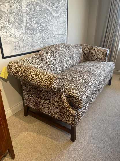 David Seyfried Chippendale camelback sofa in leopard-print weave, ex-display