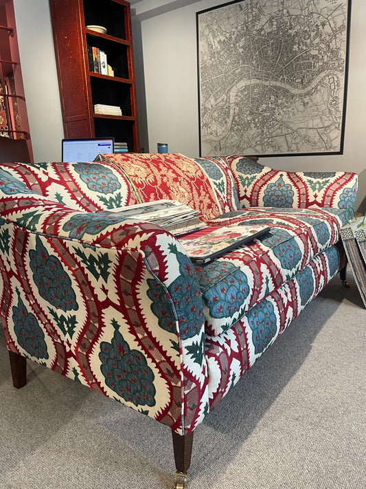 David Seyfried Harrington sofa in red and indigo patterned weave, ex-display